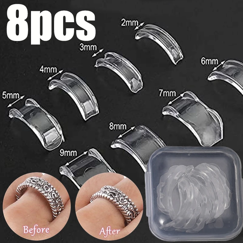 

8pcs with Box Silicone Anti Lost Invisible Clear Ring Size Resizer Loose Rings Reducer Ring Sizer Fit Any Rings Jewelry Tools