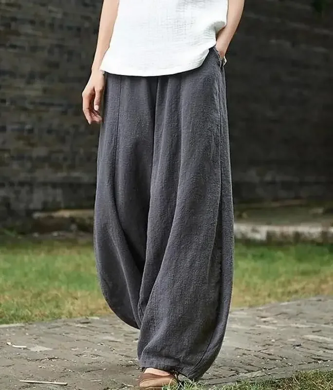 Damen 100% Baumwolle Vintage Elegante Lose Haremshose Elastische Taille Lässige Weite Laternenhose Frühling Herbst Alltagshose – Detail 2