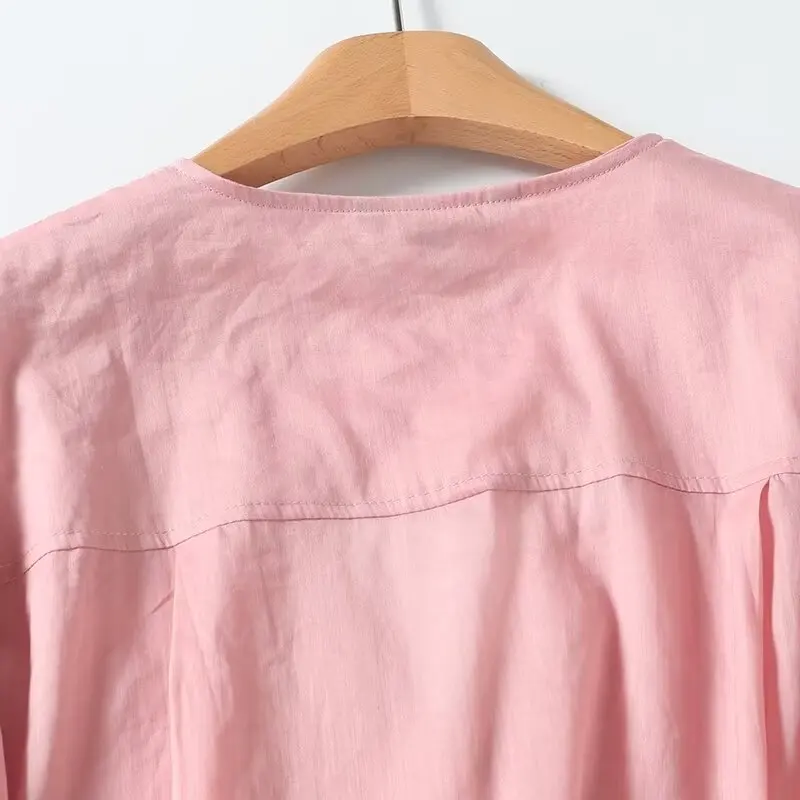 Jenny&Dave Summer Blouse Women Tops Fashion Commuter Leisure Pink Shirt Women French Minimalist Linen Cotton Shirt