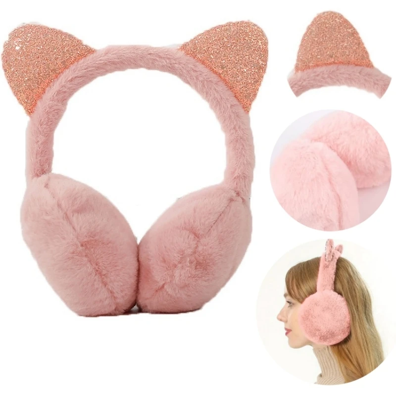 Fashion Soft Plush Ear Warmer Winter Warm Earmuffs Ear Cover Outdoor Cold Protection Glitter Cute Cat Ear-Muffs Folding Earflap