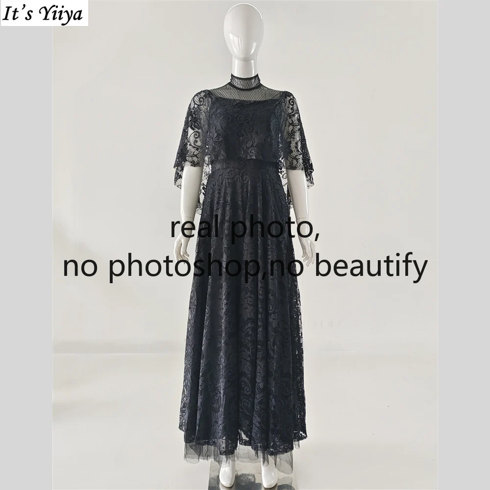 

It's Yiiya Real Photo Evening Dress Black Lace illusion High Collar Zipper A-line Floor Length Women Party Formal Gowns LX981