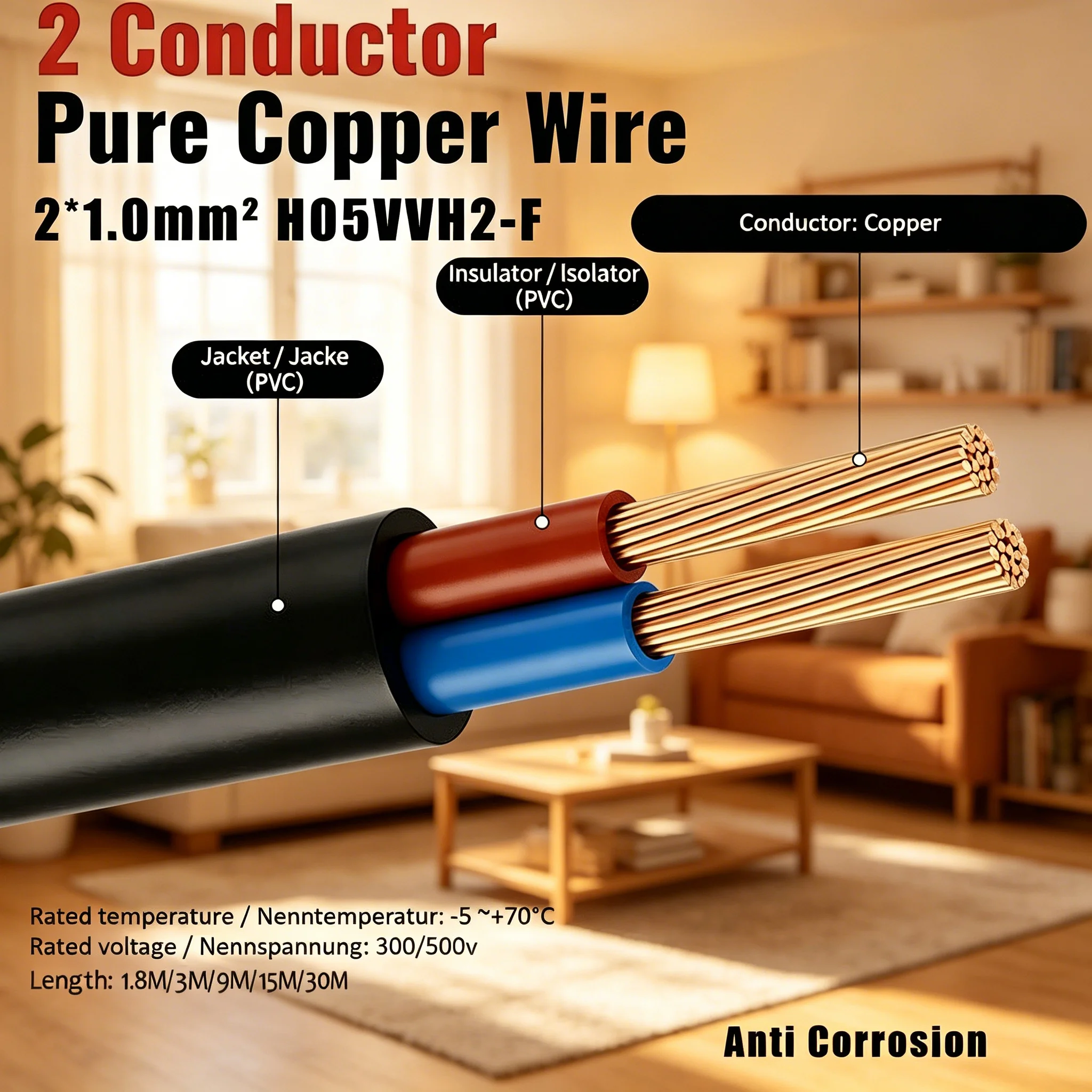 2*1.0mm² H05VVH2-F, Flat PVC Power Cable,  Electrical Wire for TV PC Printer Home Office Indoor Wiring, Electrical Cable
