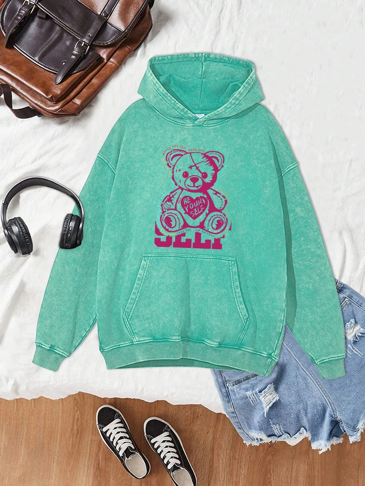 Be Yourself Cartoon Bear Printed Distressed Washed Mens Hoodie Casual Soft Warm Clothing Autumn Crewneck Street Cotton Hoodies