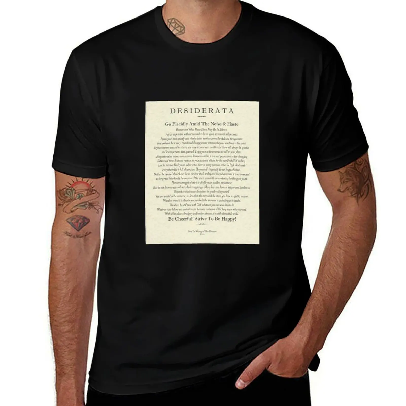 T-shirt traditionnel avec poème Desiderata sur parchemin, t-shirt basique respirant de couleur unie