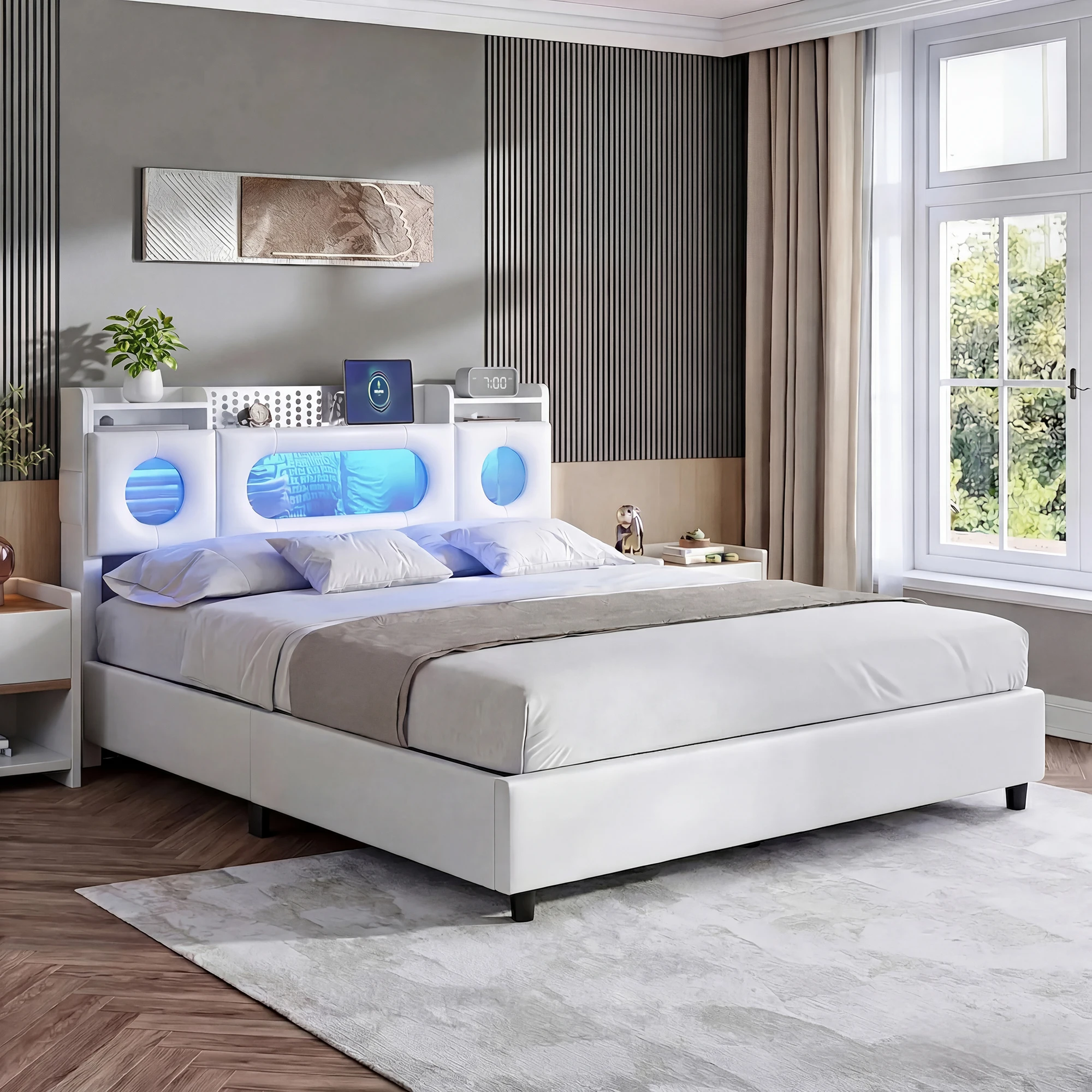 Cama Doble Tapizada Fangange con Iluminación LED, Cama Doble con Carga USB, Cama con Almacenamiento, Cabecera con Espacio de Almacenamiento