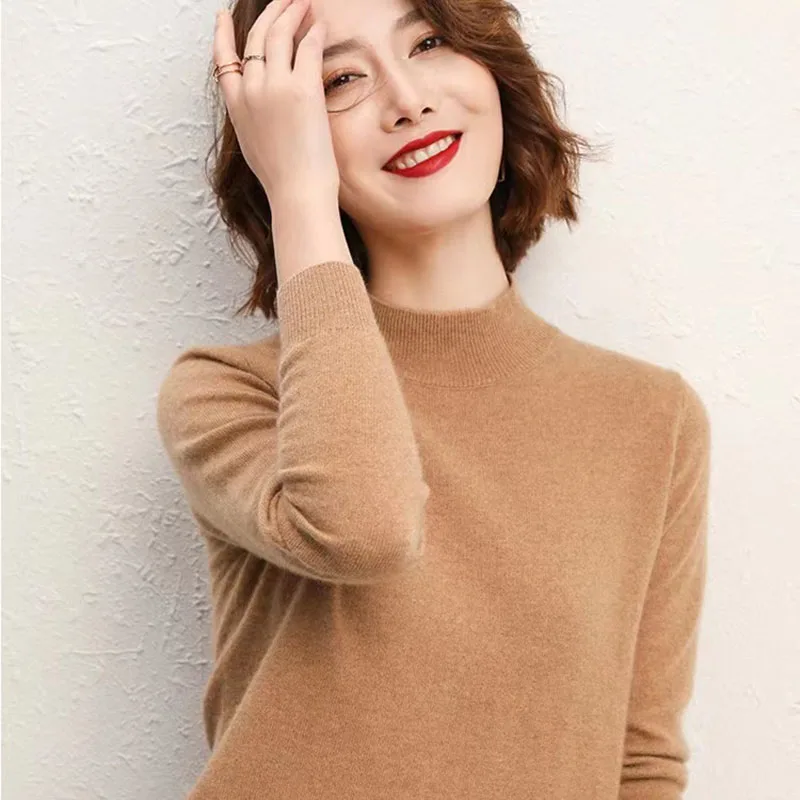 Women Sweater Long Sleeve Mock Neck Knitwear Warm Autumn Winter Bottoming Shirt Slim Fit Pullovers Basic Fashion Korean Jumpers