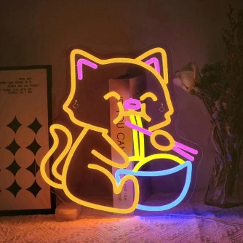 Ramen Cat Neon Signs Noodles Shop Wall Decoration Business Store Led Lights Up Sign For Restaurant Food Shop Lamp Dimmable USB