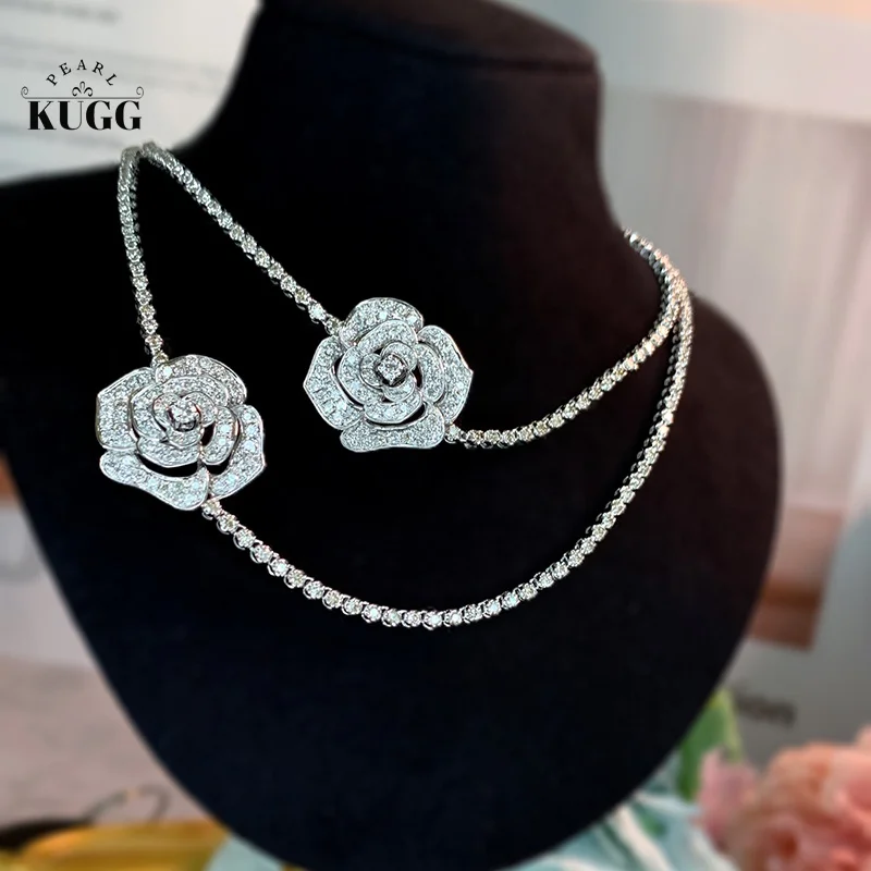 KUGG 100% 18K White Gold Necklace Luxury 3.50carat Real Natural Diamond Necklace Elegant Flower Shape High Jewelry for Women