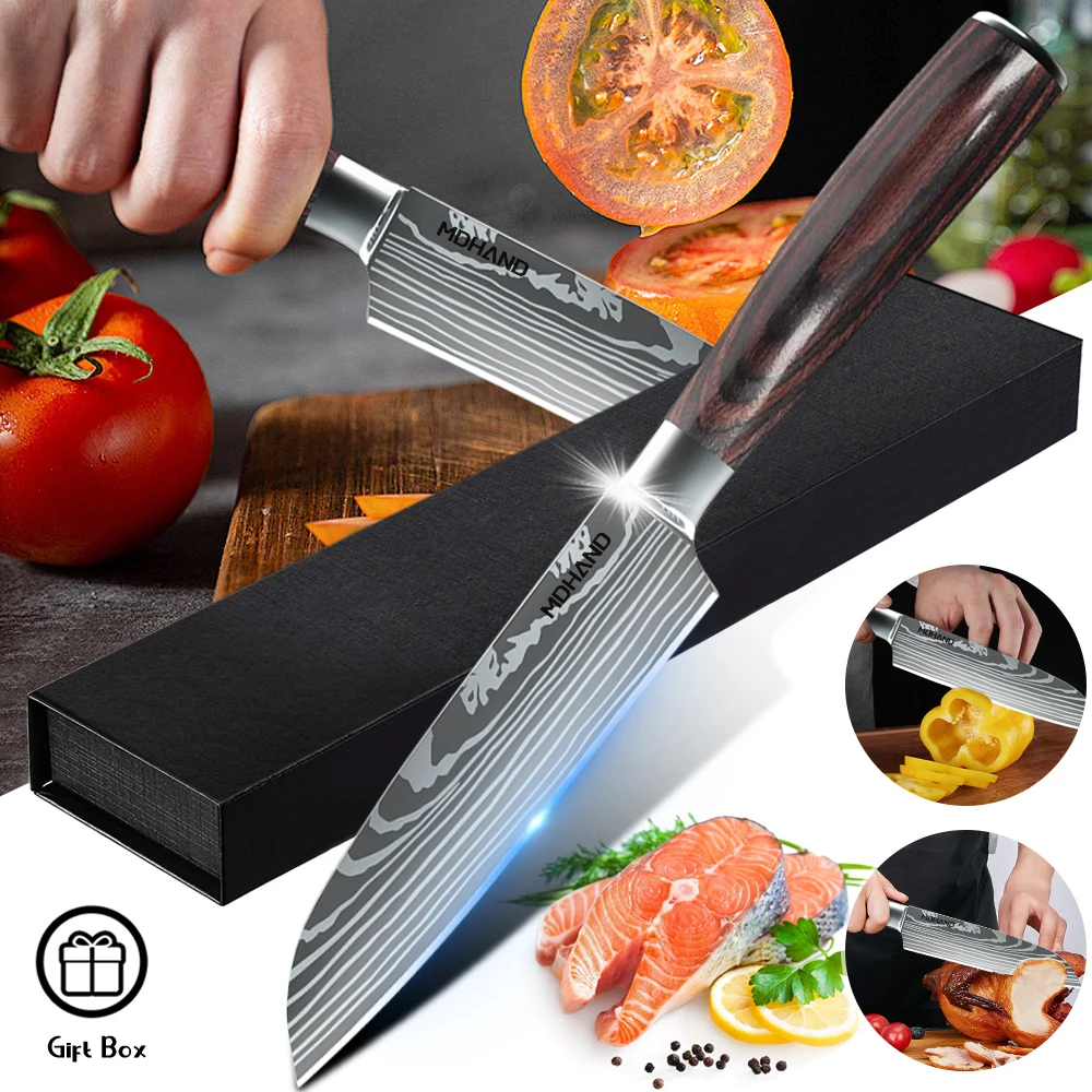 5 Inch Santoku Knife Japanese Kitchen Knives Damascus Pattern Professional Cooking Knife for Cutting Vegetable Fruit Meat