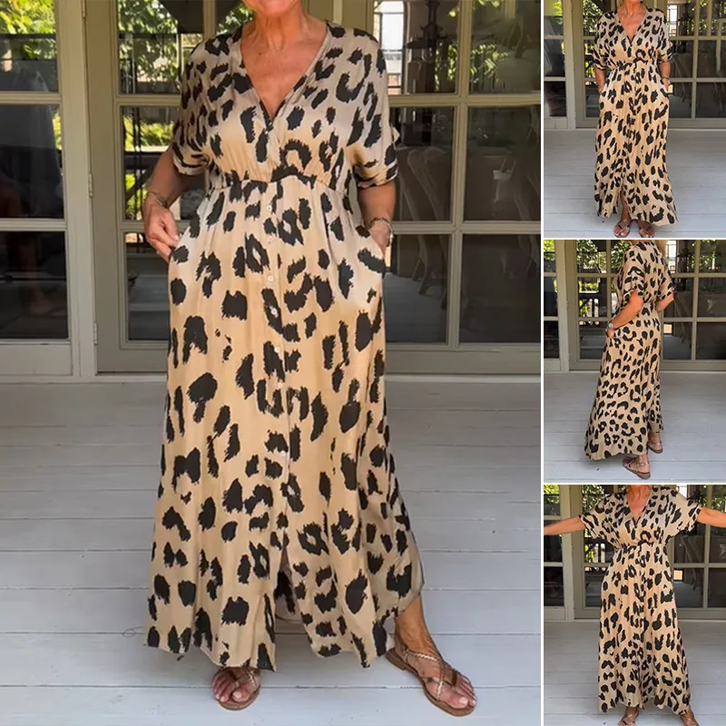 

Women Dress Sexy V-Neck Bat Sleeve Flowers Print Bohemian Beach Ladies Loose Summer Vacation Leopard Print Long Dresses D58