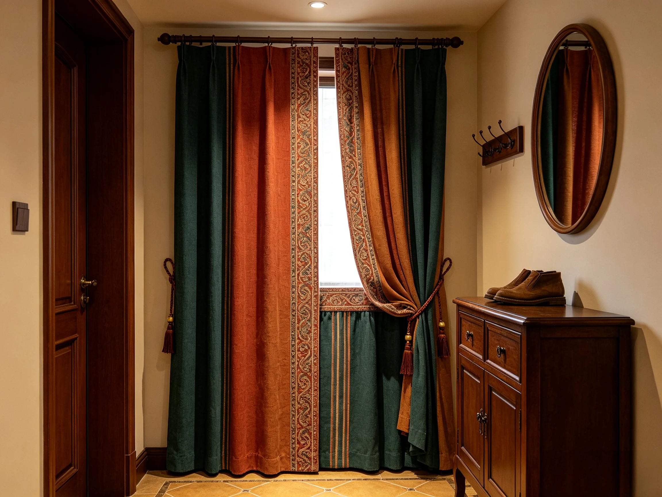 200241   Retro foyer | Brick red/dark blue/warm brown contrasting drawstring curtain