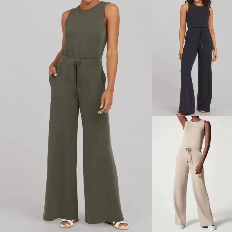 

Women Fashion Sleeveless Solid Loose OL Jumpsuits Women's Elegant Office Ladies Straight Trousers New Long Jumpsuit Overalls