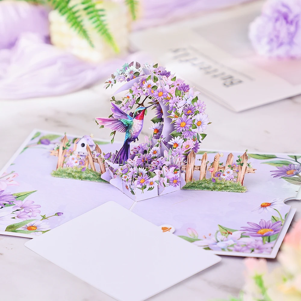 보라색 데이지 초승달 인사 카드, 팝업 카드, 생일, 결혼, 기념일 선물 카드