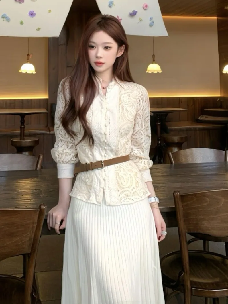 

New High Quality Autumn Women's Two Piece Set Lace Long Sleeve Shirt Top + Fashion High Waist Pleated Long Skirt Elegant Suit