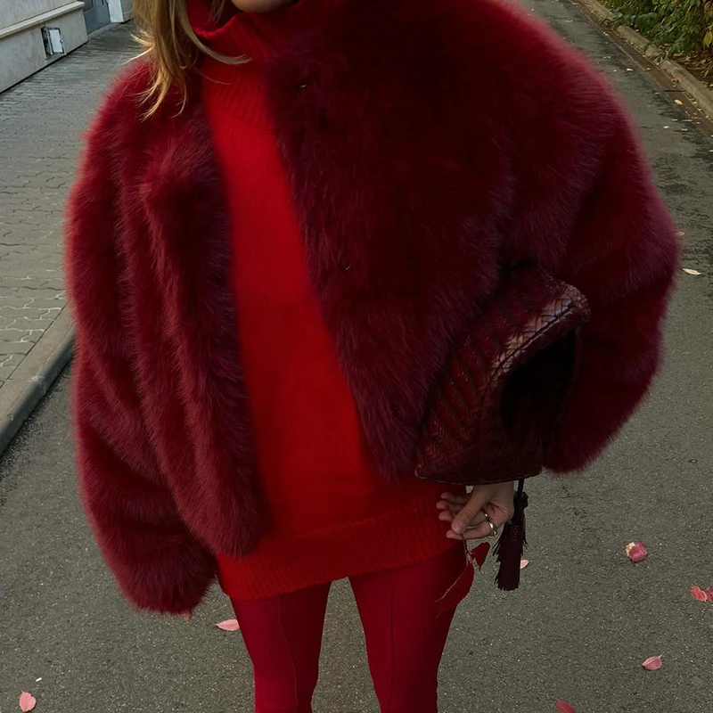 Neo Mint 2025 Ancora Red Christmas New Year Fur Coat Women Cropped Faux Fox Fur Jacket Chic Trendy Fluffy Furry Outerwear Female