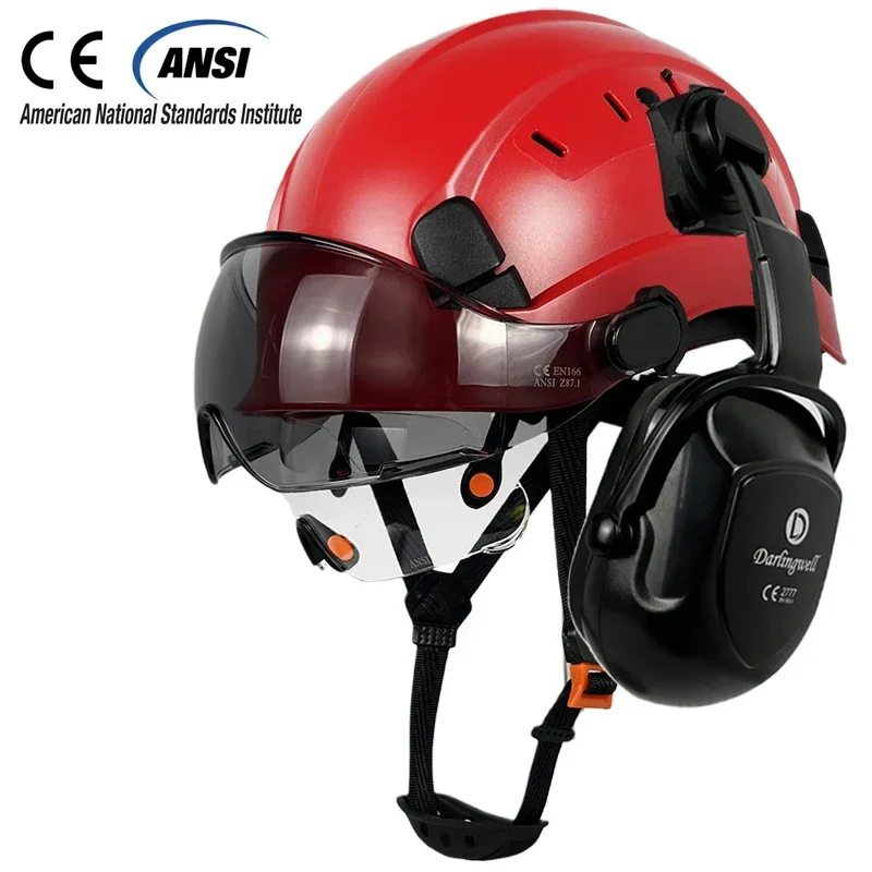 CE Safety Helmet With Double Visors For Engineer And Earmuff EN352 ABS Hard Hat ANSI Work Cap Head Protection EN397