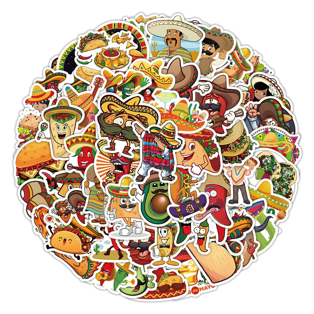 60Pcs Mexican Food Pizza Taco Stickers Skateboard Phone Laptop Luggage Cute Sticker Waterproof Funny Festival Decals for Kids