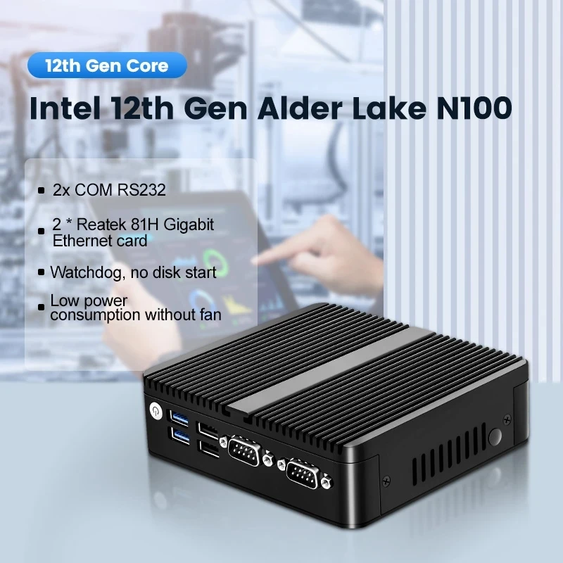 BKHD 12a generazione Mini computer senza ventola Alder Lake N100 N95 Quad Core Dual LAN 2 * COM NVMe Windows 11 3x4K UHD HTPC PC industriale
