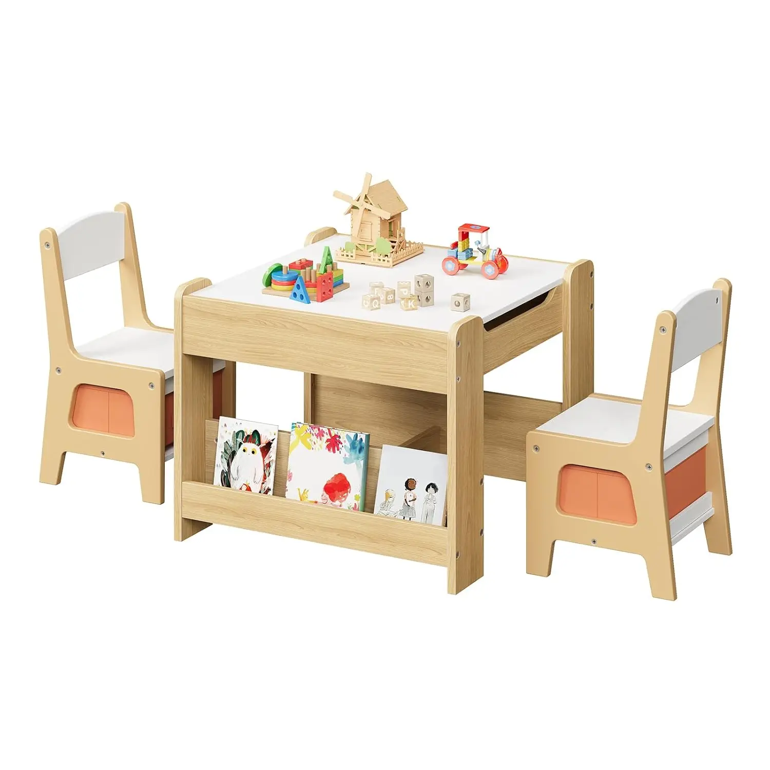 Kids Table and Chair Set, 4-in-1 Toddle Table with Removable Tabletop Storage, Wooden Activity Table with Side, Customized