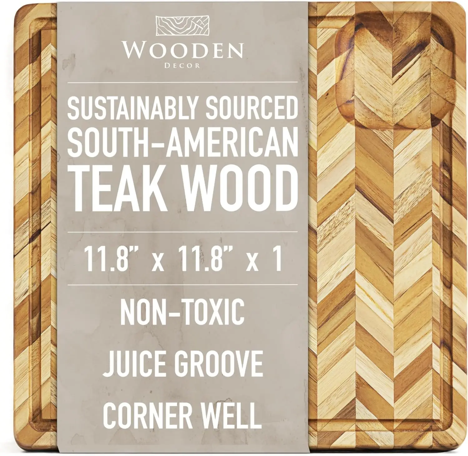 

Teak Cutting Board for Kitchen (Small) – Herringbone Butcher Block with Juice Groove & Corner Well, Charcuterie Board,