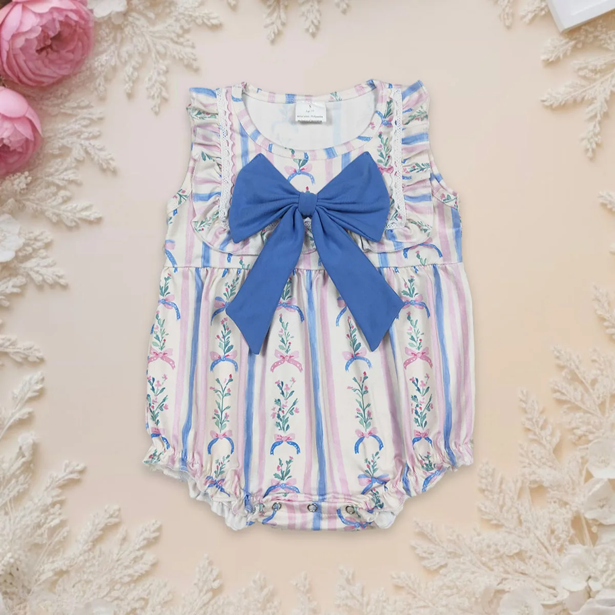 

Комбинезон для новорожденных, повседневный комбинезон без рукавов в полоску с оборками, розовые, синие цветы, банты, комбинезон с принтом, модная одежда для младенцев