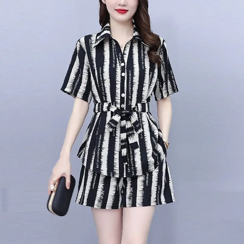 Large Size Shirt Shorts Set for Women\'s Summer Fashion Striped Drape Age Reducing Shirt+ Wide Leg Shorts Two-piece Set for Women