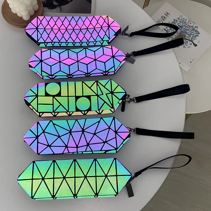 Luminous rhombus geometric pattern Iridescent cosmetic makeup pen bag Large capacity portable women  holding  octagonal bag