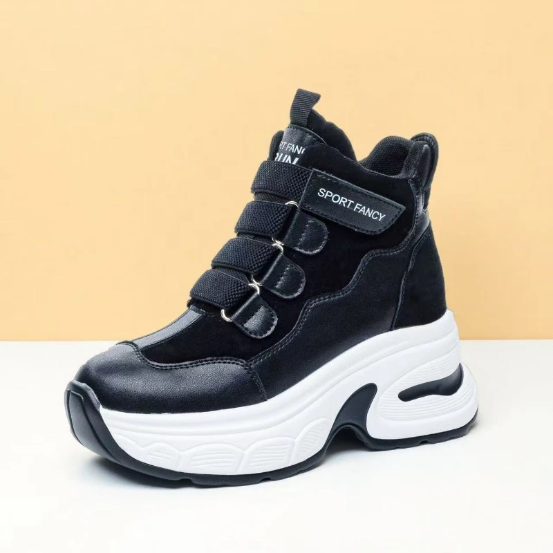 New 8cm Women Genuine Leather Sneakers for Height Increase Thick Sole High Top Shoes Lady New Autumn Platform Shoes Short boots