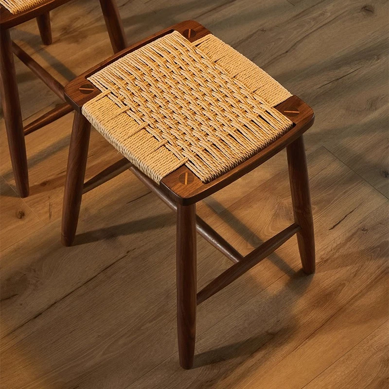 Mid-Century Modern Solid Wood Bench Rattan Weaving Entryway Stool Walnut Small Ottoman for Living