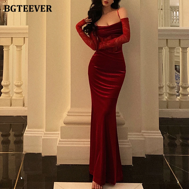 BGTEEVER Sexy Elegant Long Sleeve Female Strapless Bodycon Skinny Dress Autumn Winter Slim Waist Ladies Package Hip Velvet Dress