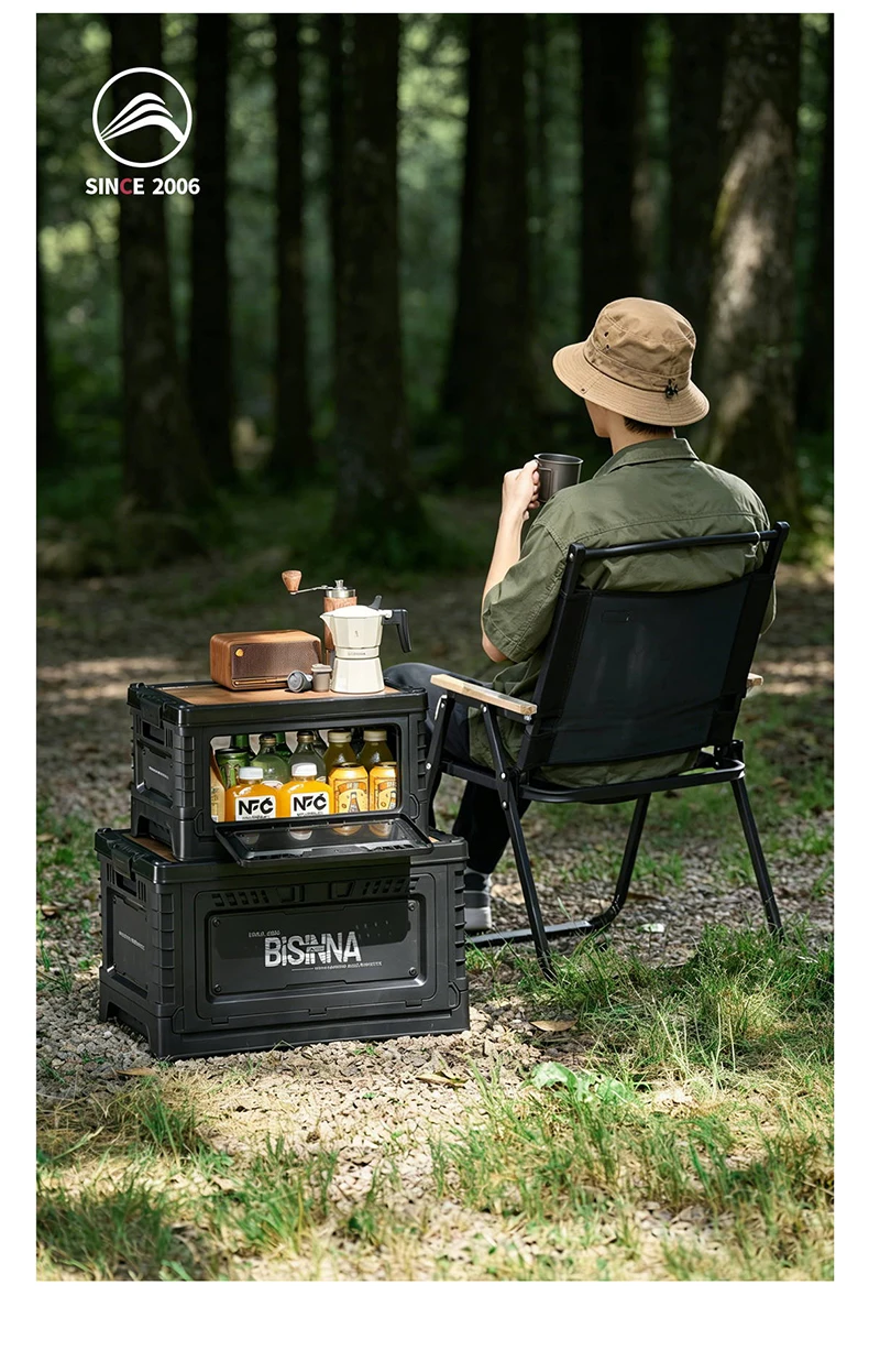 BISINNA Camping Box 30L/60L Large Capacity Folding Storage Box Car Trunk Wooden Lid Home Bedside Table for Outdoor Picnic Travel