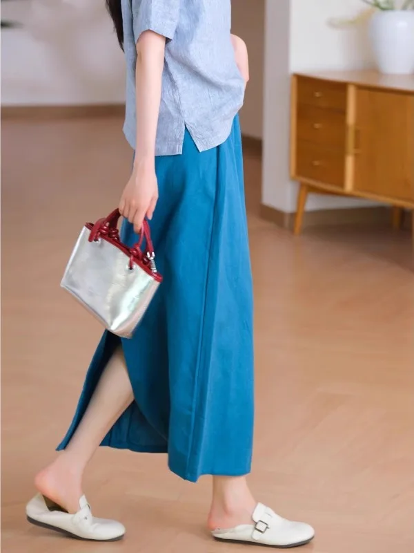 Falda Midi Hoada de Verano, Estilo Japonés, Color Puro, Lino, Pierna Recta, Deada, de Aodón y Lino, Falda de Media Long...