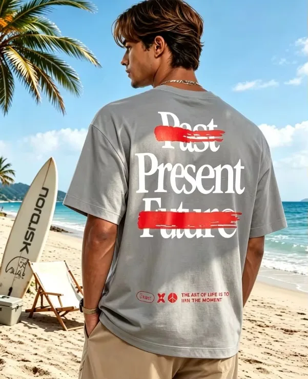 2026 new Past Present Future Letter Graphic Men T Shirt O Neck Short Sleeve Black Casual Streetwear Tees Tops