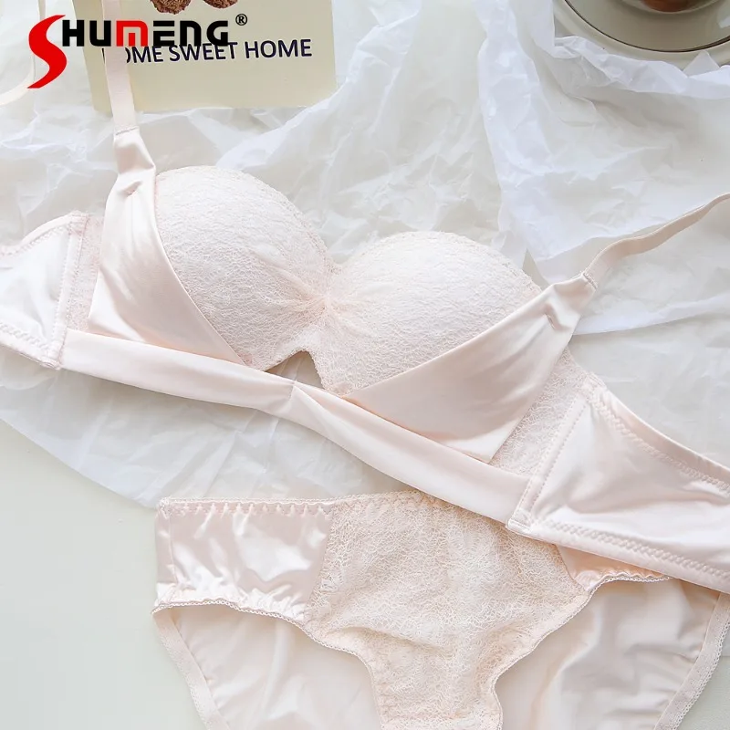 

Small Chest Push Up Bra Suits or Women Enhancing Satin Strips Sexy Half Cup Brief Sets Female Japanese Style Sweet Intimates
