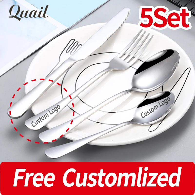 

5set personalized customized Stainless steel cutlery steak knife fork spoon set,customized dessert coffee spoon logo