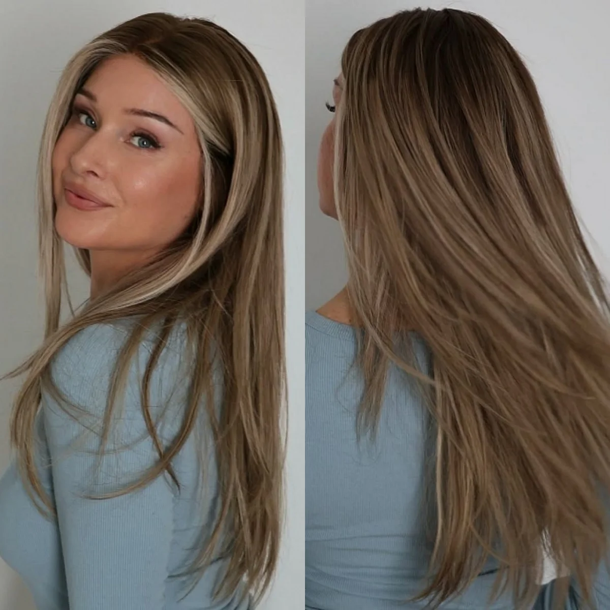 

Glueless Dark Brown Highlights Balayage Luxury Synthetic Lace Front Wig 22 Inch Natural Straight Women's Wig Daily Party Cosplay