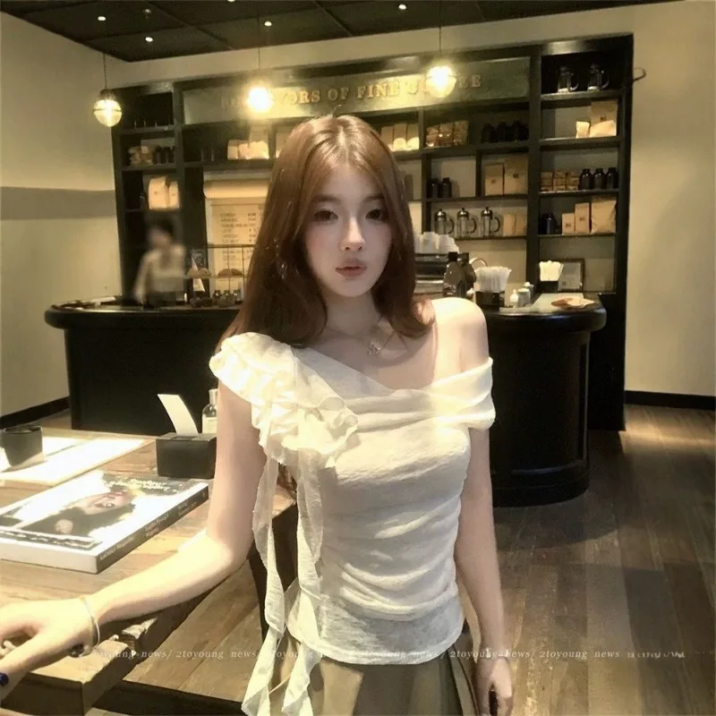 Womens Irregular One Shoulder Ruffle Floral Strap Ruched Slim Fit Sleeveless Blouse