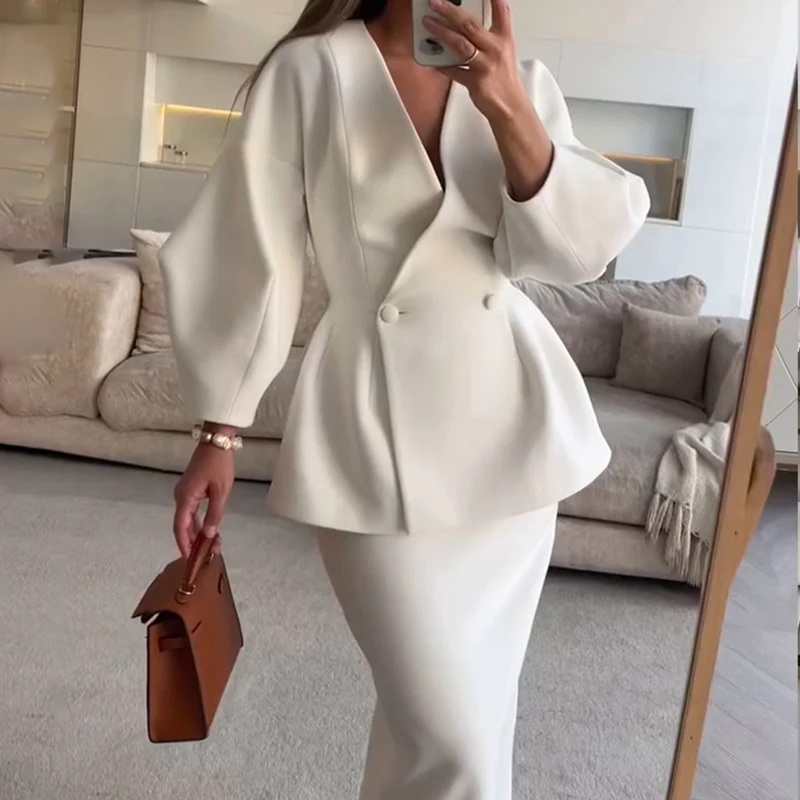 Women Chic Solid Color Banquet Outfit Elegant High Street Dresses Set Ladies Fashion V-Neck Puff Sleeve Tops&Bag Hip Skirts Suit