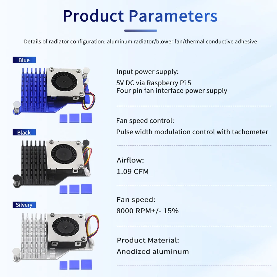 Radiador de computador de placa única, refrigerador ativo, dissipador de calor de alumínio, ventilador prateado/preto/azul para raspberry pi 5a geração
