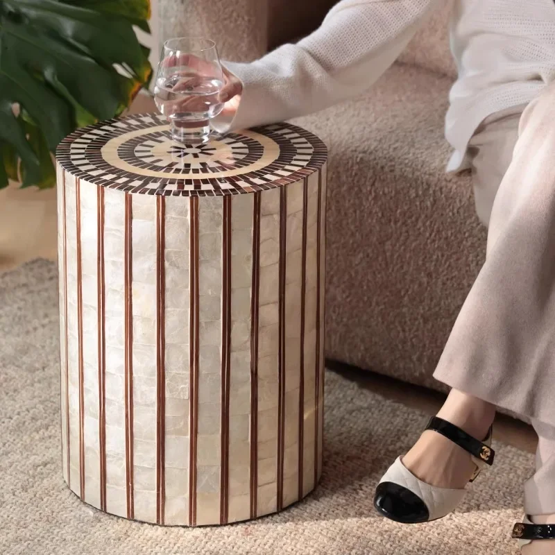 Luxury Cylindrical Side Table with Mother-of-Pearl Inlay & Stripe Accents, Round Drum Accent Table for Living Room & Bedroom
