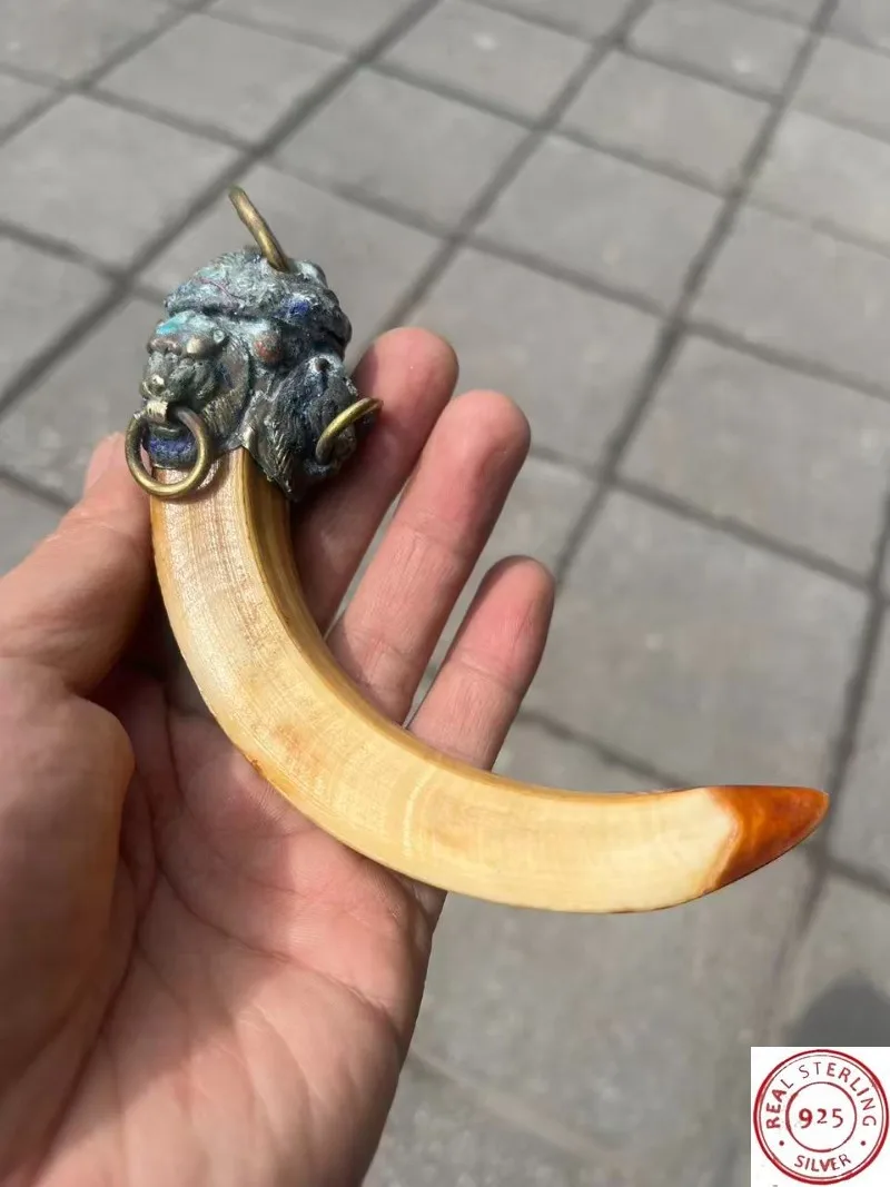

2026 Vintage Chinese Wild Boar Tooth Inlaid Tibetan Silver Lion Beast Pendant, Feng Shui Home Decor Amulet