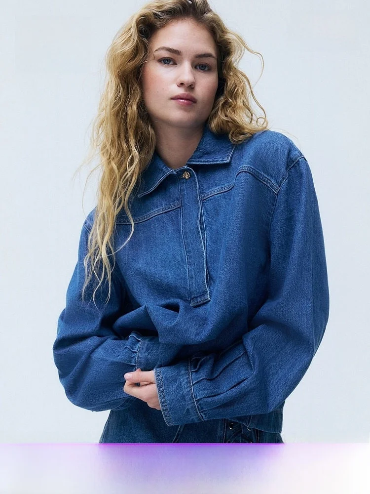 

Женская классическая модная джинсовая рубашка H&M, весна 2026, с круглым вырезом, из стираного хлопка, с длинным рукавом, на пуговицах, повседневная