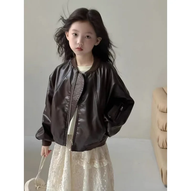

Girl Leather Jacket Spring and Autumn 2026 New Children's Casual Handsome PU Western Style Coat Temperament Style for Girls