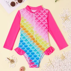 Girls Long Sleeve Swimwear One Piece Swimsuits Kids Striped Rainbow Bathing Suit Hawaiian Beach Swim Shirts for Surfing