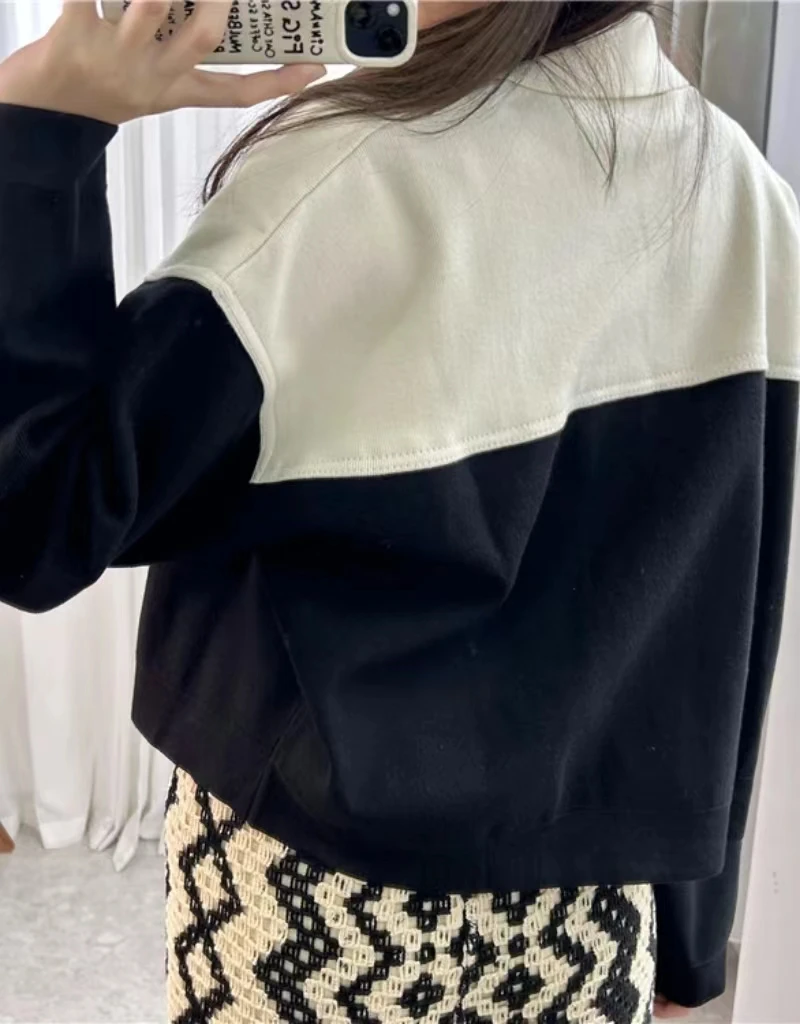 Classic encore ~ Stylish black and white color contrast patchwork lapel long sleeve casual sweater jacket for women loose