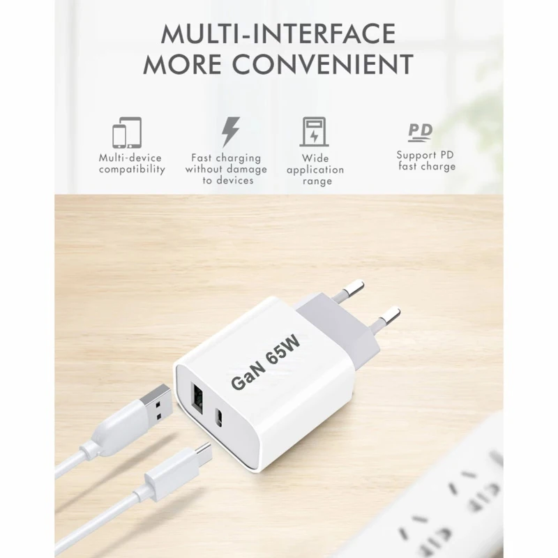 65W US EU AU UK Type-C Fast Charging Head PD25W QC3.0 Smart Phone Charging Charger USB-A USB-C Power Dual-Ports