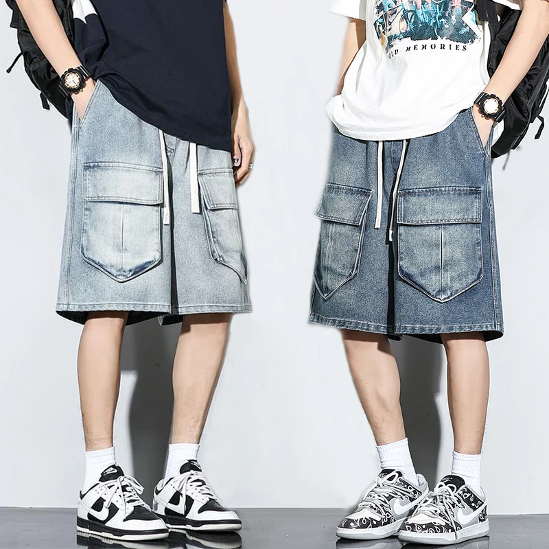 

Мужские джинсовые шорты-бермуды, новые летние модные свободные джинсы, повседневные винтажные шорты-карго на шнурке, мужская уличная одежда