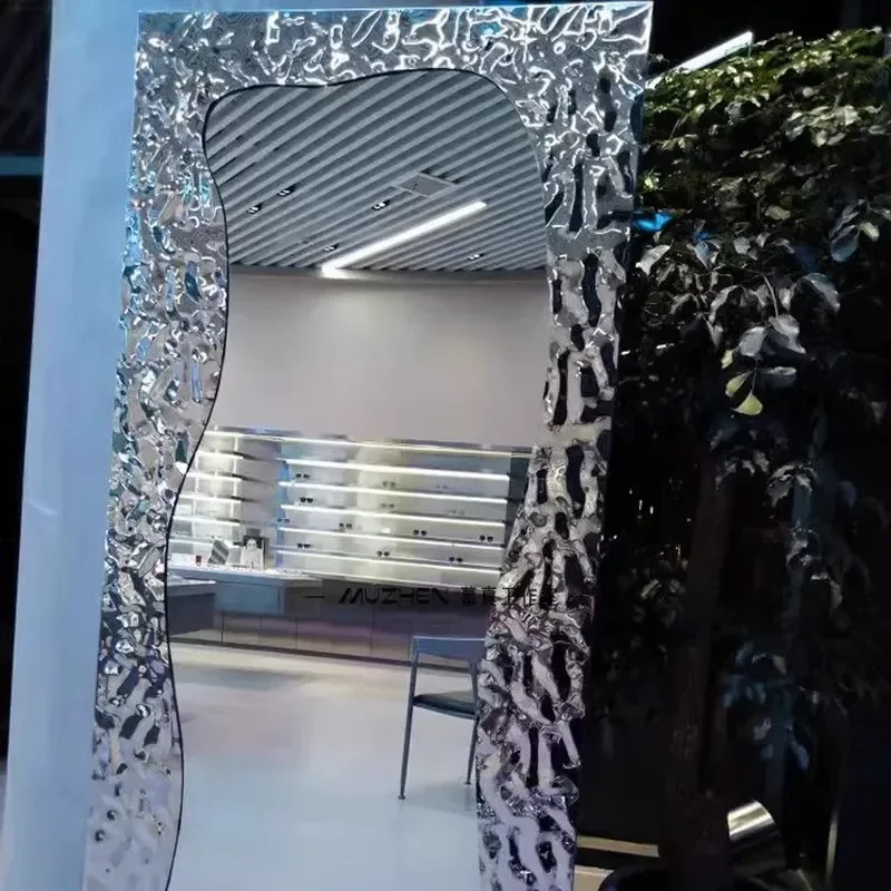 Light luxury stainless steel water corrugated mirror floor full-length mirror full-length mirror Internet celebrity designer