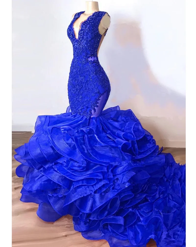 Gorgeous Royal Blue Mermaid Prom Dresses 2024 Luxury Lace Beaded Ruffles Chapel Ruffle Train African Lace Up Closed Evening Gown