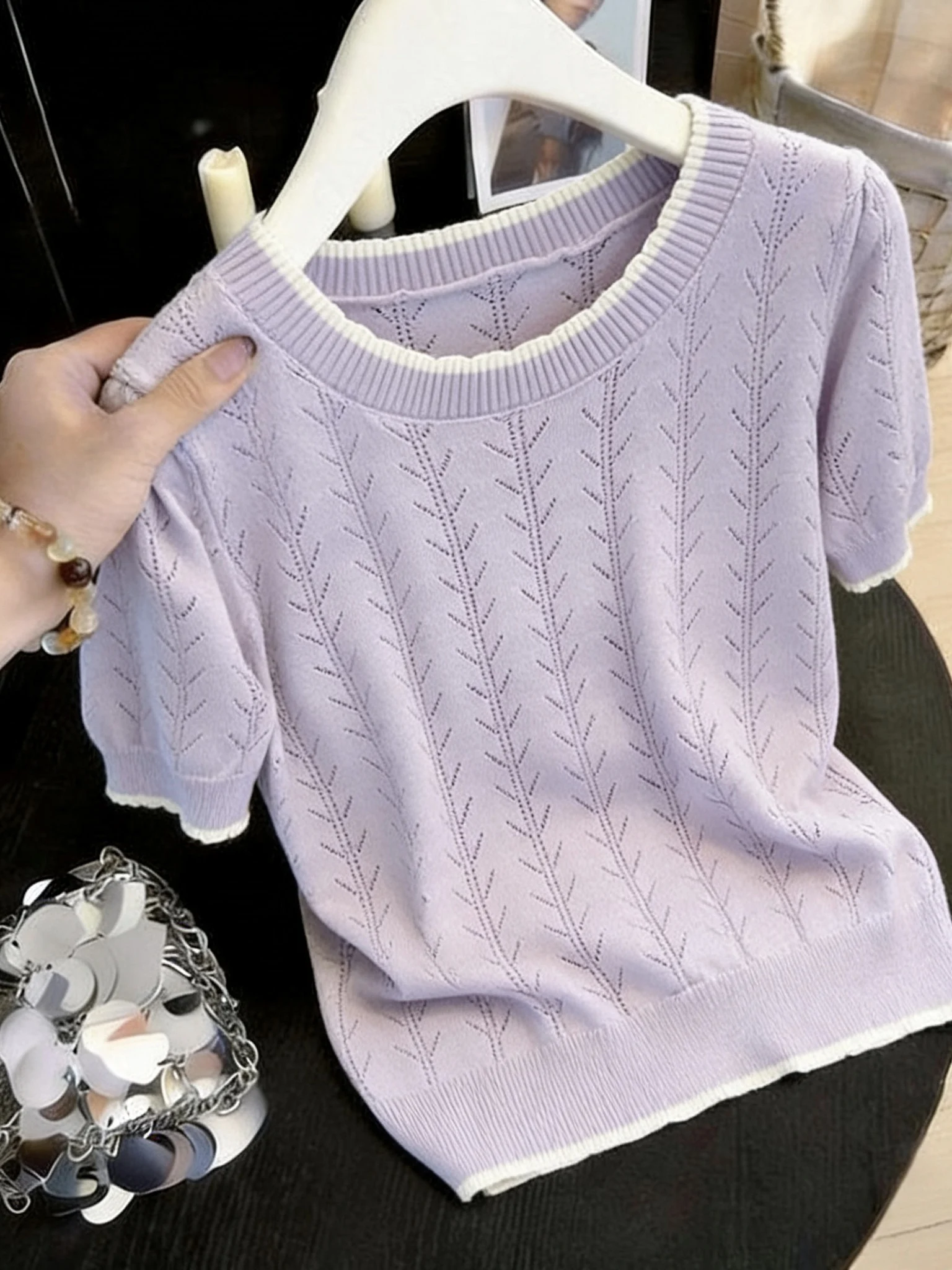 

Slimming Ice Silk Short Sleeve T-Shirt Women's Summer Loose round Neck Hollow out Splice Color Fashion Anti-Aging Top